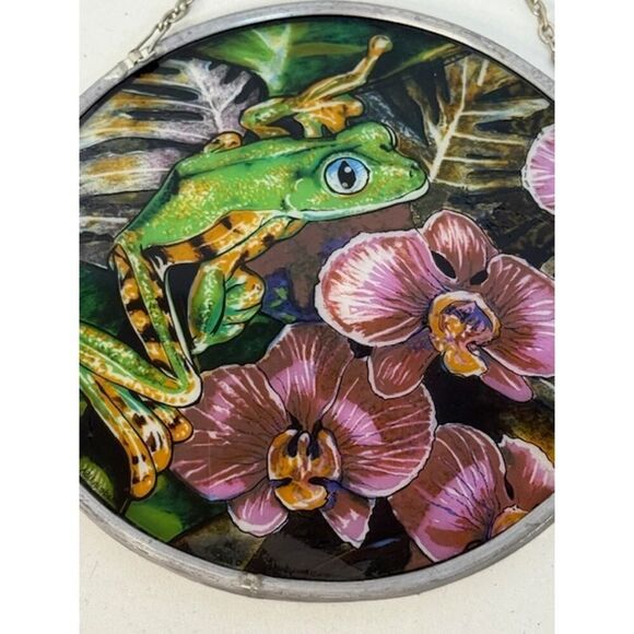 Frog Round Stained Glass Suncatcher 6.25" Green Pink Window - Picture 4 of 4